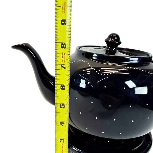 French Rustic Alsace Soufflenheim 8.5 Tea Pot & Warmer Black Polka Dot Pottery - Picture 6 of 6